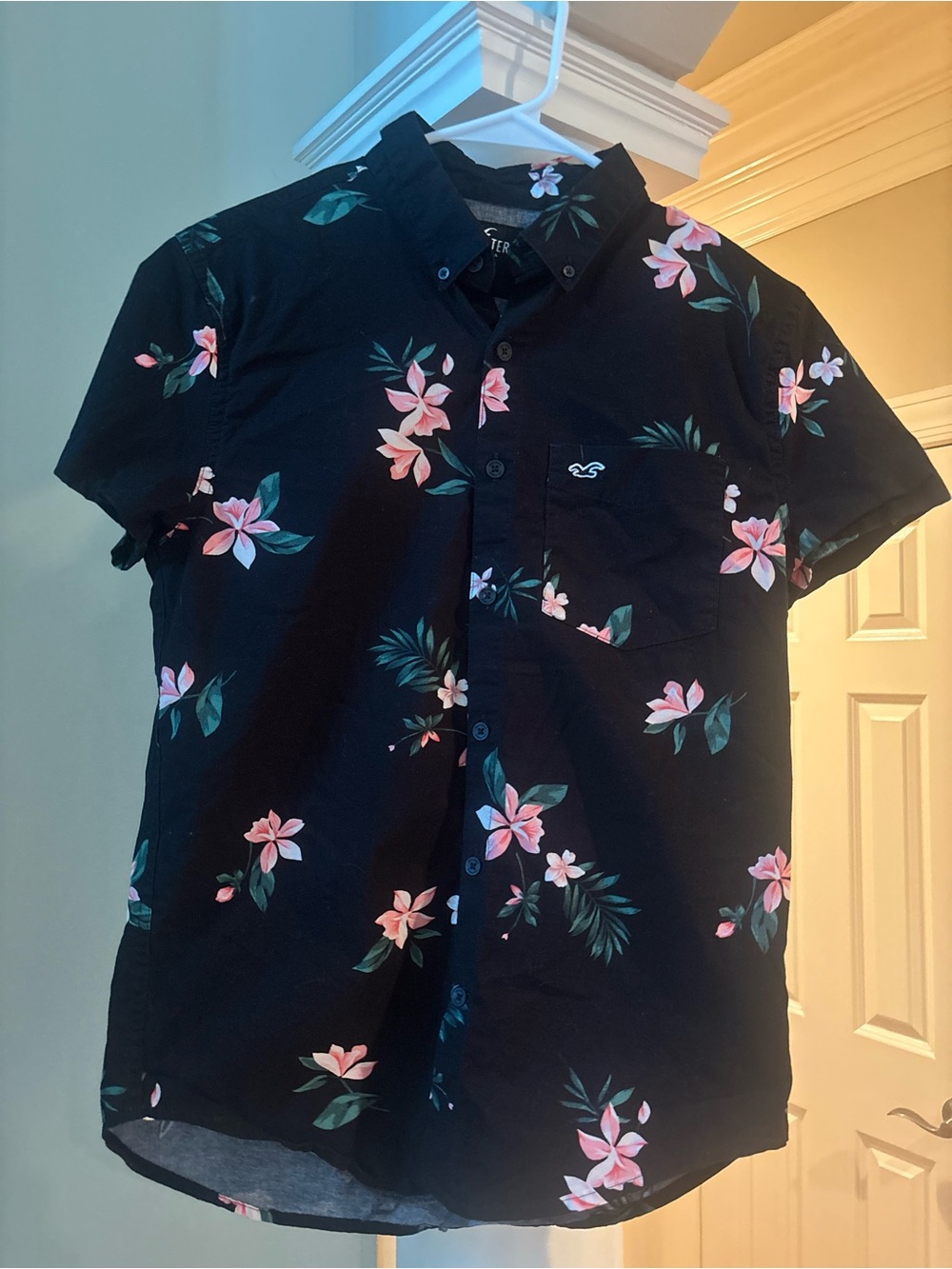Hollister Black Short-Sleeve Button-Down with Pink Floral Print
